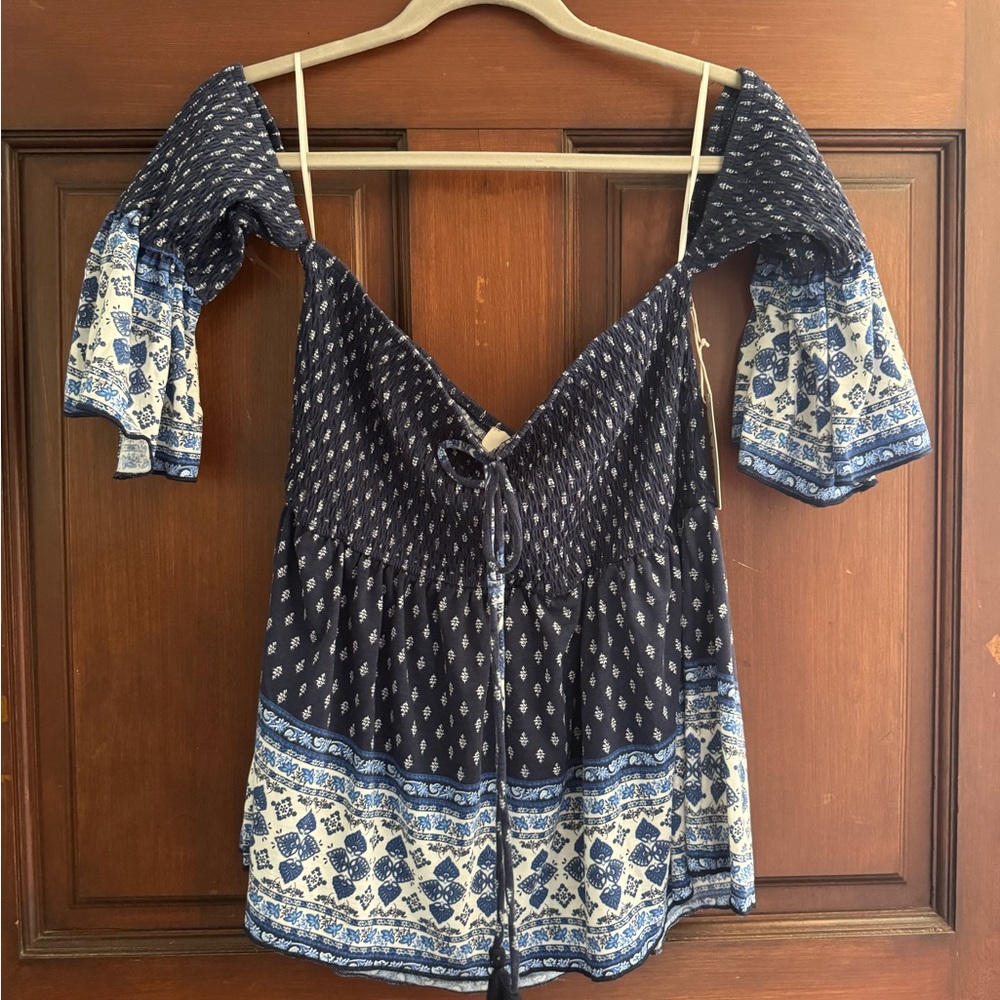 Blue and White Puff Sleeve Blouse with Tie Front